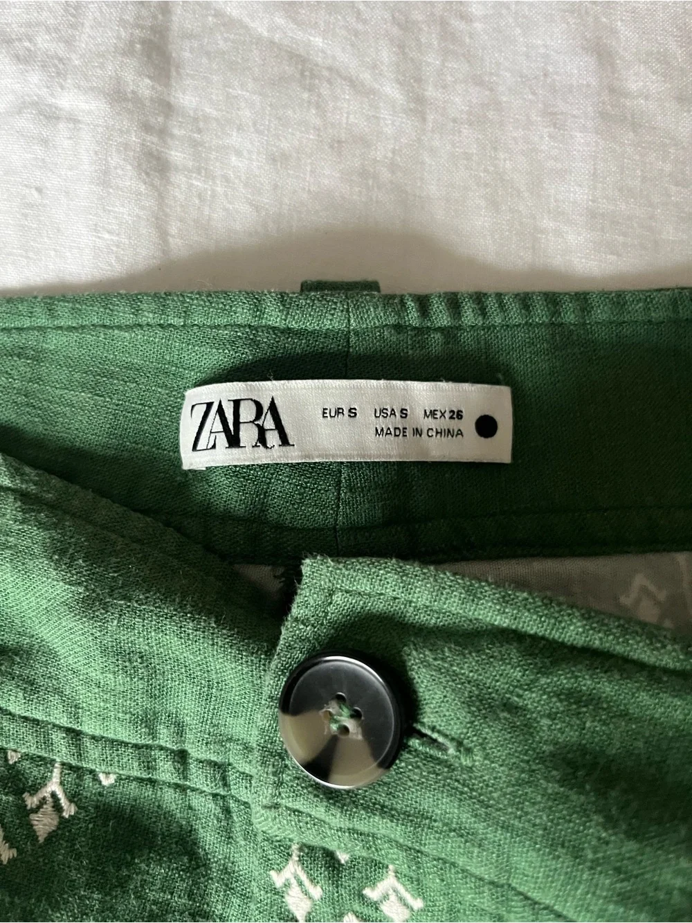 Zara green embroidered linen blend wide-leg cropped trousers S